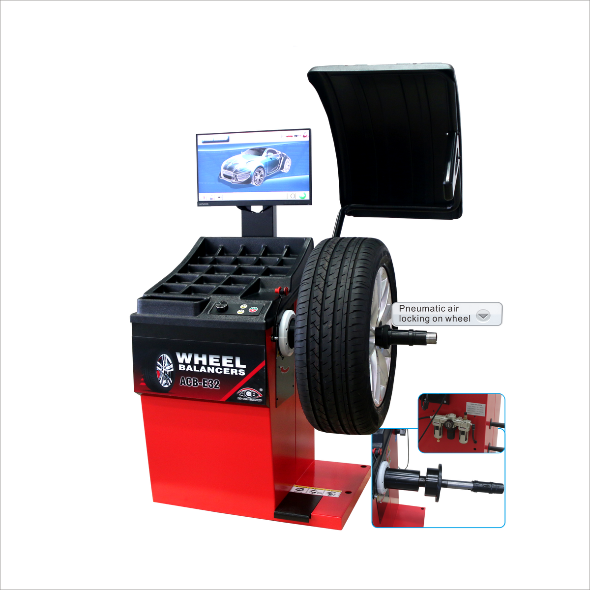 ACE Wheel Balancer ACB-E32 – LCD Display, Pneumatic Lock, 10"-32" Rim, automatic locating and locking position, laser indicator for 12o'clock and 6o'clock position