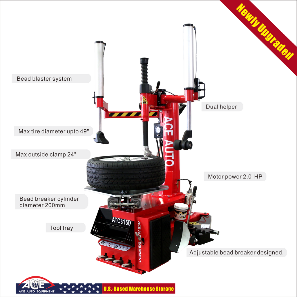 ACE Tire Changer ATC-815D – Dual Pneumatic Assist, 49" Max Wheel 2.0HP Motor Clamping outside 24" rim