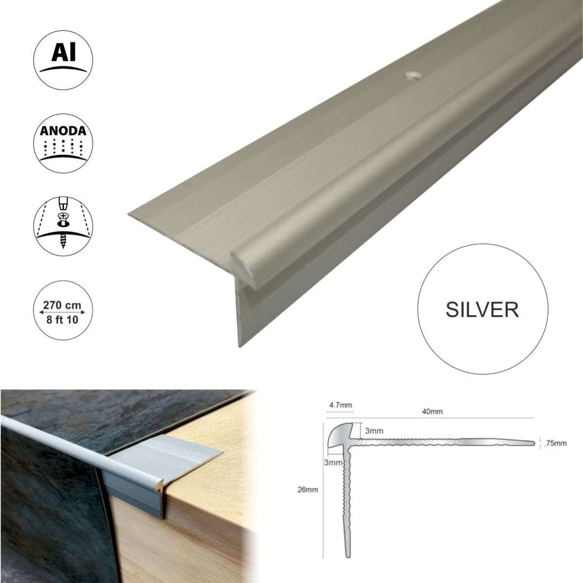TVC 40 x 26mm Anodised Aluminium LVT Stair Nosing – Outer Corner 3mm Floors
