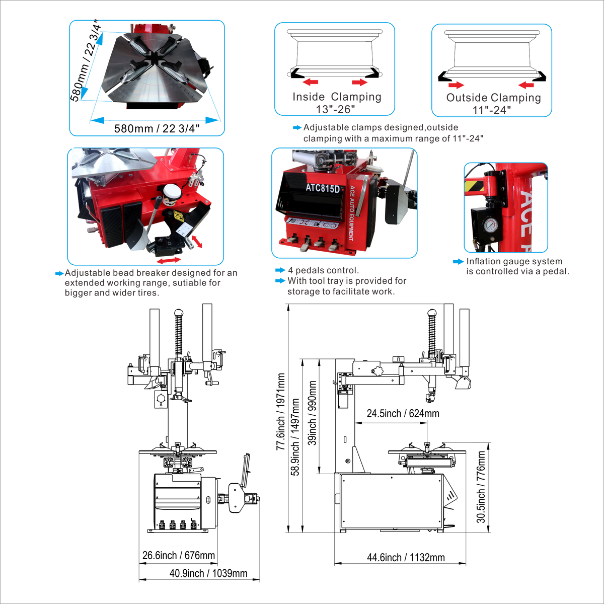 ACE Tire Changer ATC-815D – Dual Pneumatic Assist, 49" Max Wheel 2.0HP Motor Clamping outside 24" rim