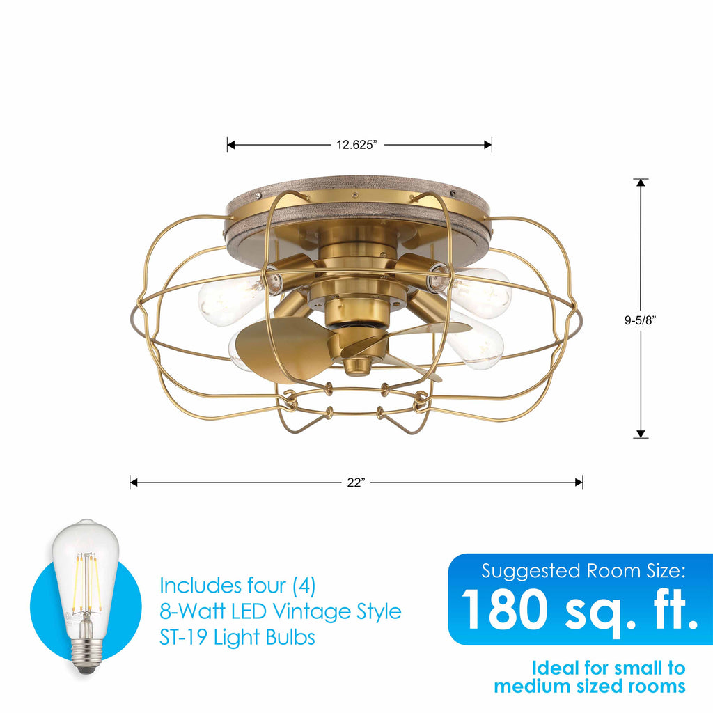 JAXON® 22" Flush Mount Caged Ceiling Fan- Aged Brass