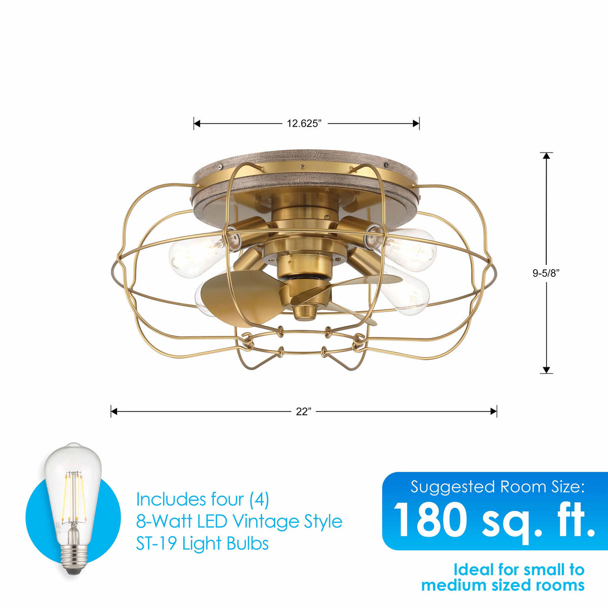 JAXON® 22" Flush Mount Caged Ceiling Fan- Aged Brass