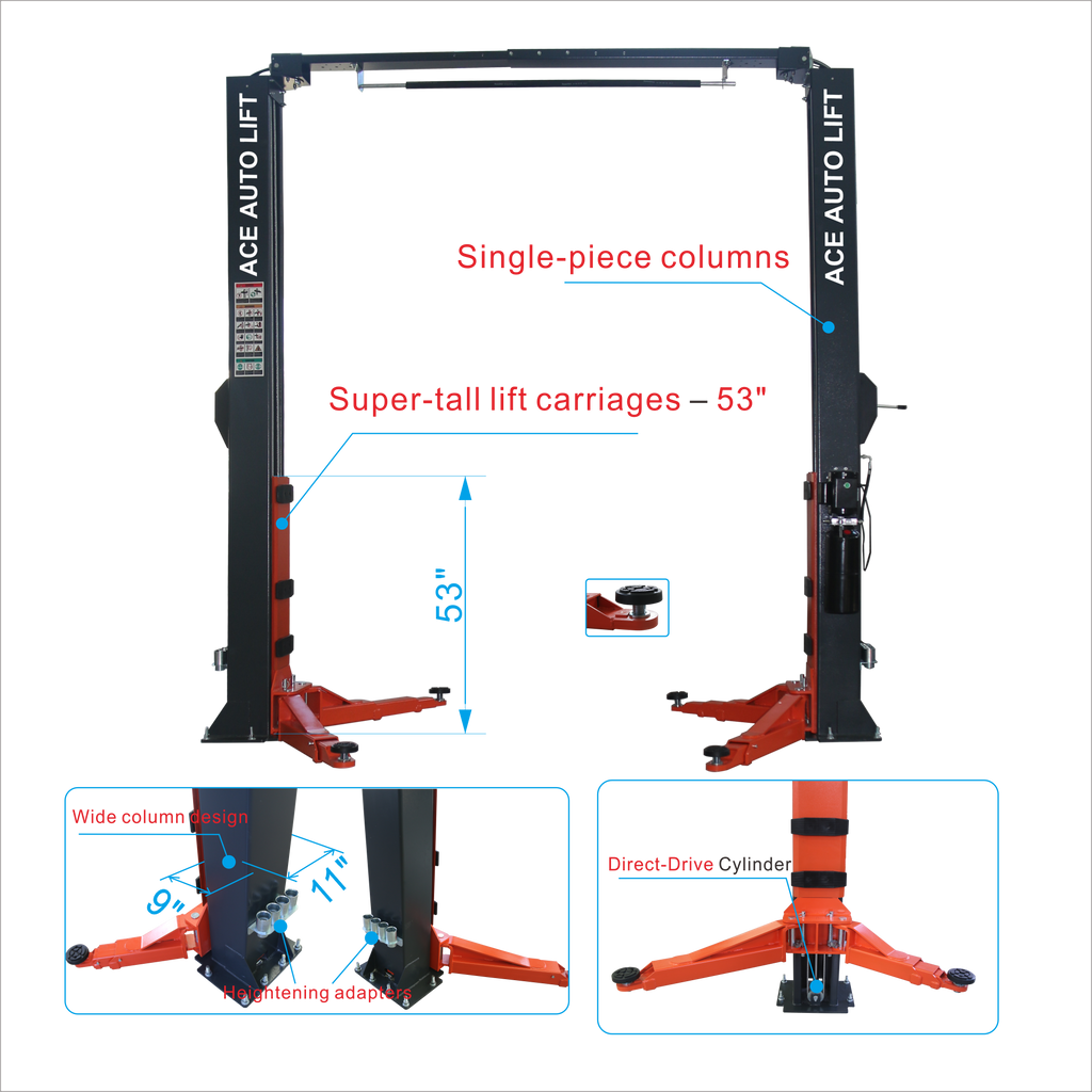 ACE 2-Post Car Lift ACL-M2100/M2100E – 10,000 lbs Symmetric Clearfloor