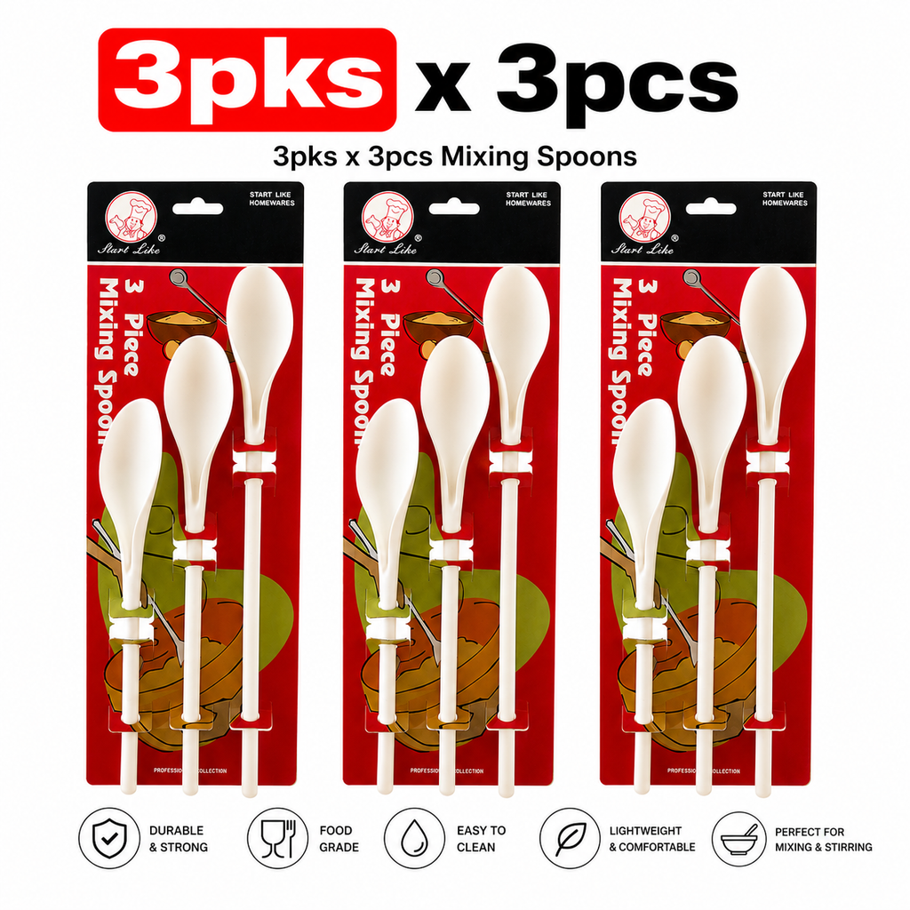 3 Packs x 3pcs Mixing Spoons Set Long Handle Plastic Kitchen Baking Spoon White