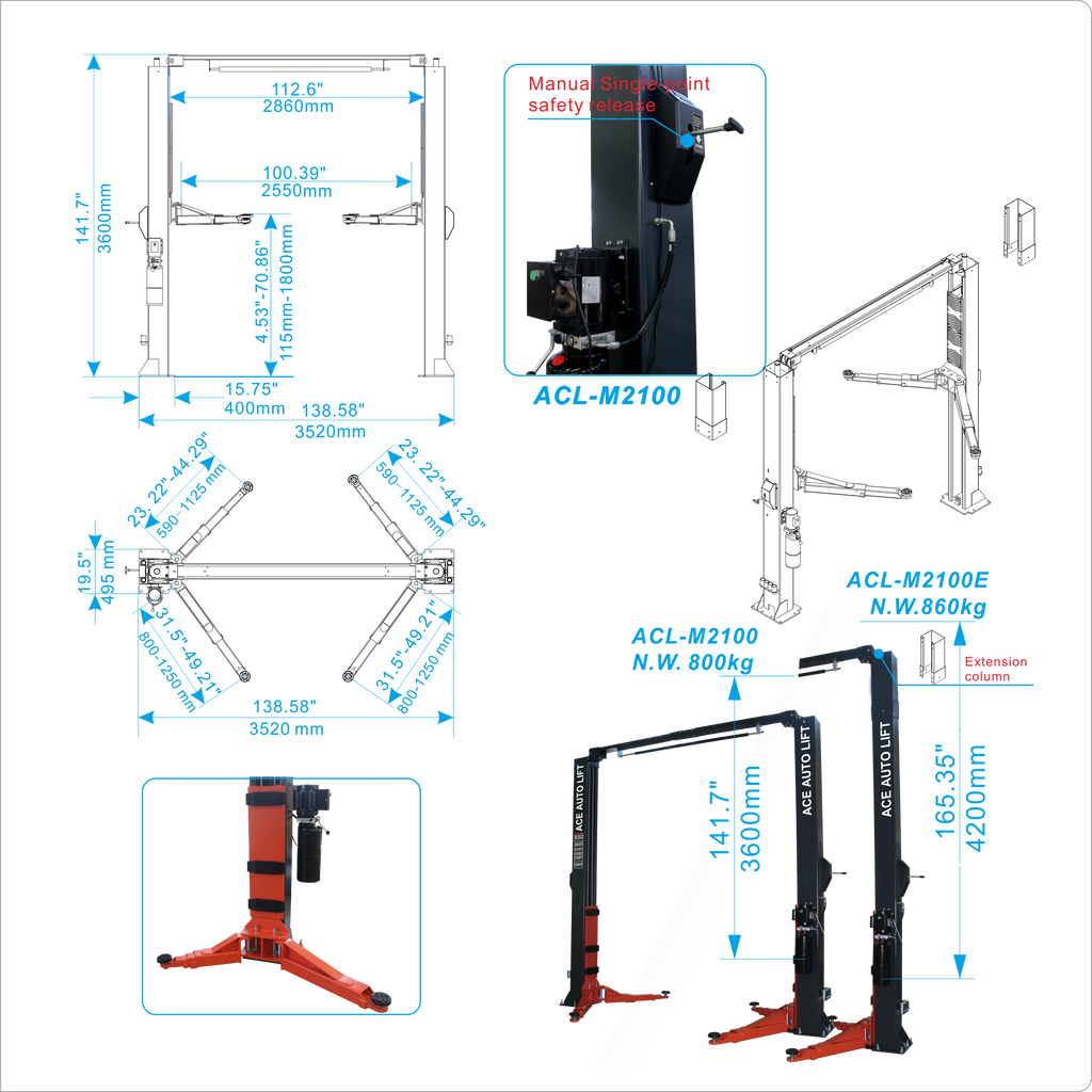 ACE 2-Post Car Lift ACL-M2100/M2100E – 10,000 lbs Symmetric Clearfloor