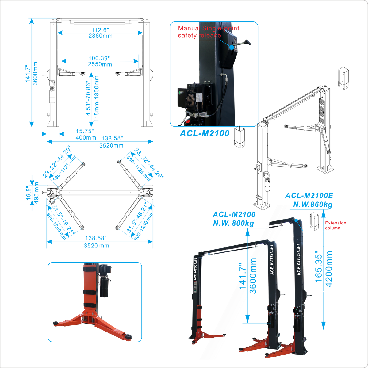 ACE 2-Post Car Lift ACL-M2100/M2100E – 10,000 lbs Symmetric Clearfloor