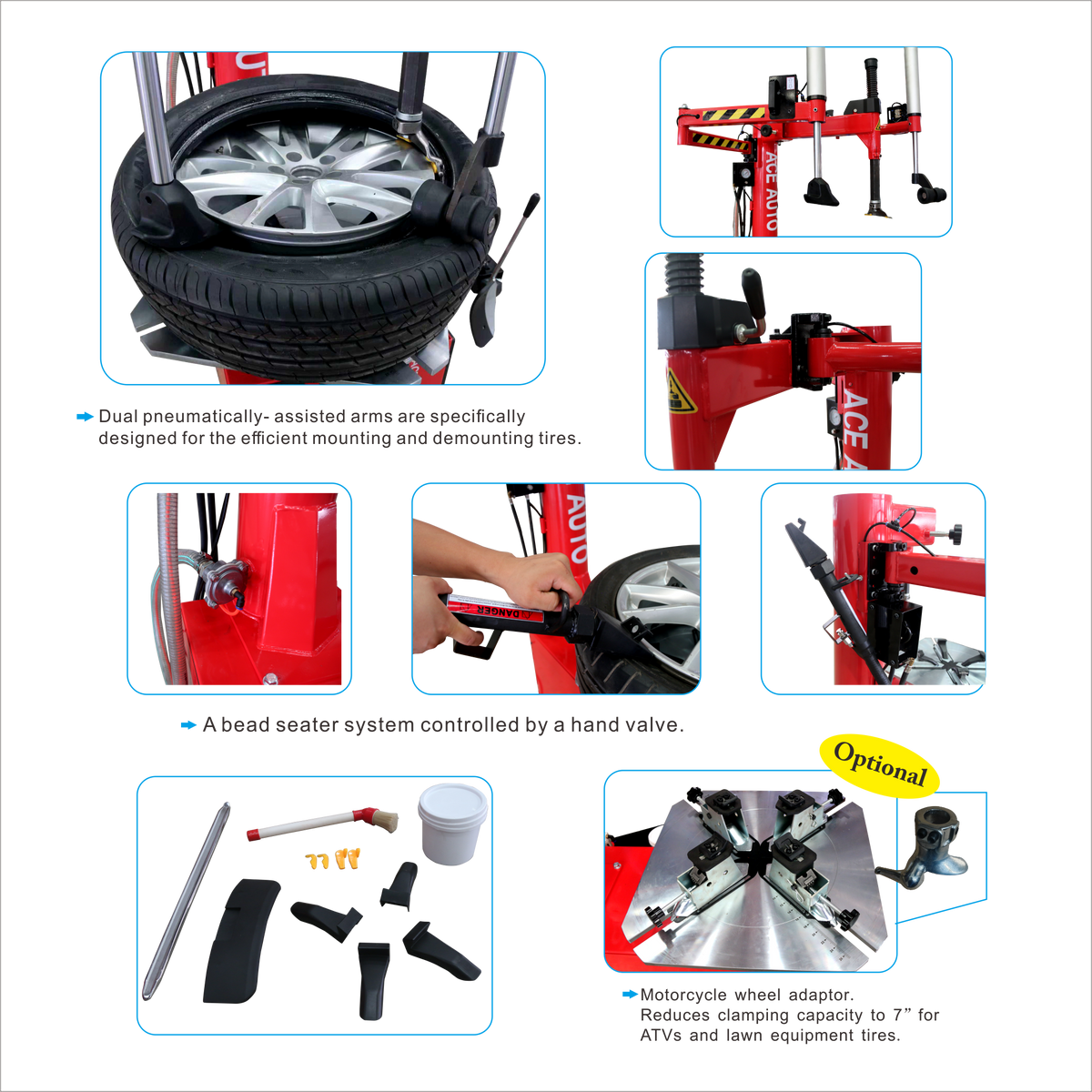 ACE Tire Changer ATC-815D – Dual Pneumatic Assist, 49" Max Wheel 2.0HP Motor Clamping outside 24" rim