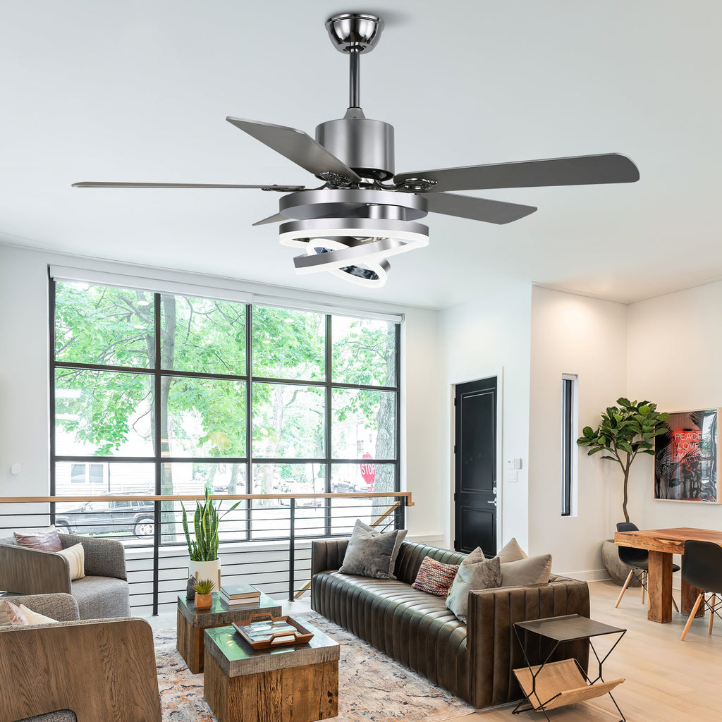 52 Inch Modern Ceiling Fan with LED Light and Remote Control, 6 Speeds DC Motor Reversible Ceiling Fan with DIY Shade