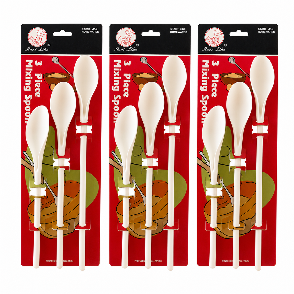 3 Packs x 3pcs Mixing Spoons Set Long Handle Plastic Kitchen Baking Spoon White
