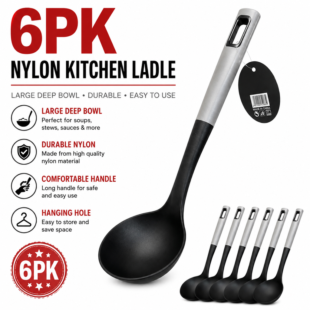 6PK Nylon Kitchen Ladle Large Soup Spoon Deep Serving Cooking Utensils Black