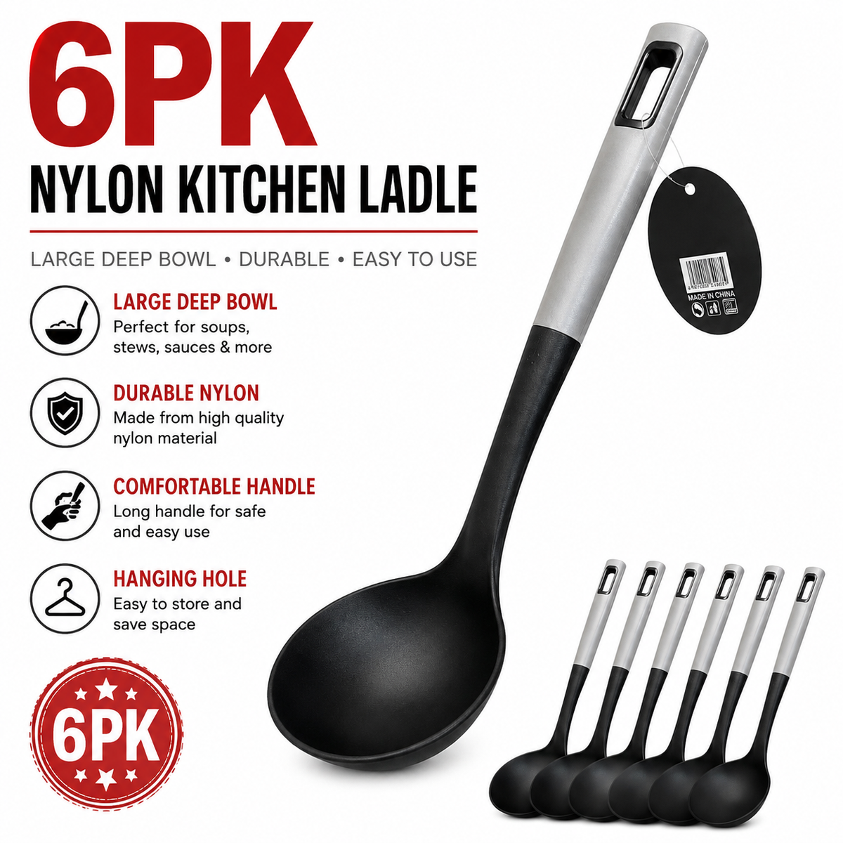 6PK Nylon Kitchen Ladle Large Soup Spoon Deep Serving Cooking Utensils Black