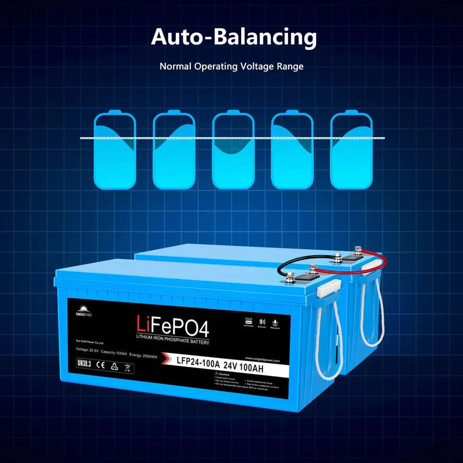 SunGoldPower 24V 100AH LifePO4 Deep Cycle Lithium Battery Bluetooth / Self-Heating / IP65