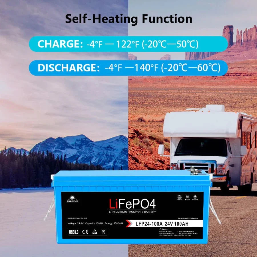 SunGoldPower 24V 100AH LifePO4 Deep Cycle Lithium Battery Bluetooth / Self-Heating / IP65