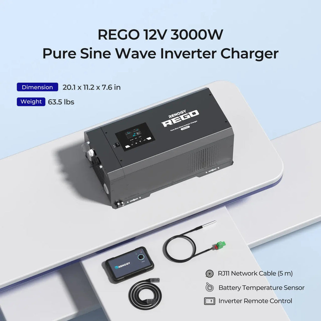 REGO 12V 3000W Pure Sine Wave Inverter Charger w/ LCD Display