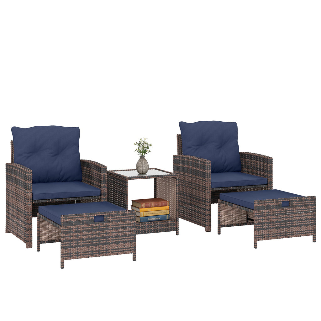 5-Piece Patio Set with Ottomans and 2-Tier Glass Table, Brown and Dark Blue
