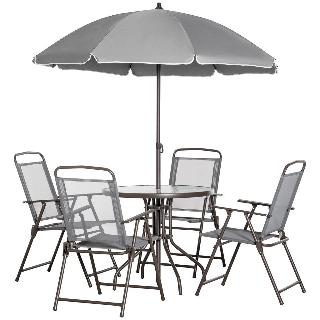 6-Piece Patio Dining Set with 4 Folding Chairs, Round Glass Table & Umbrella, Gray