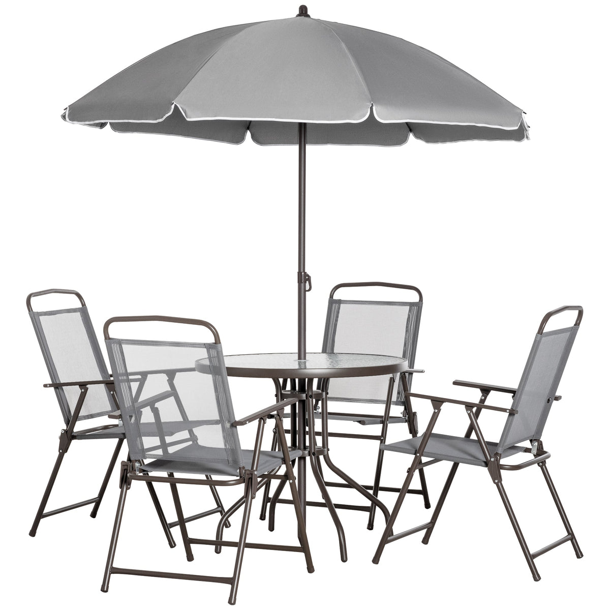 6-Piece Patio Dining Set with 4 Folding Chairs, Round Glass Table & Umbrella, Gray