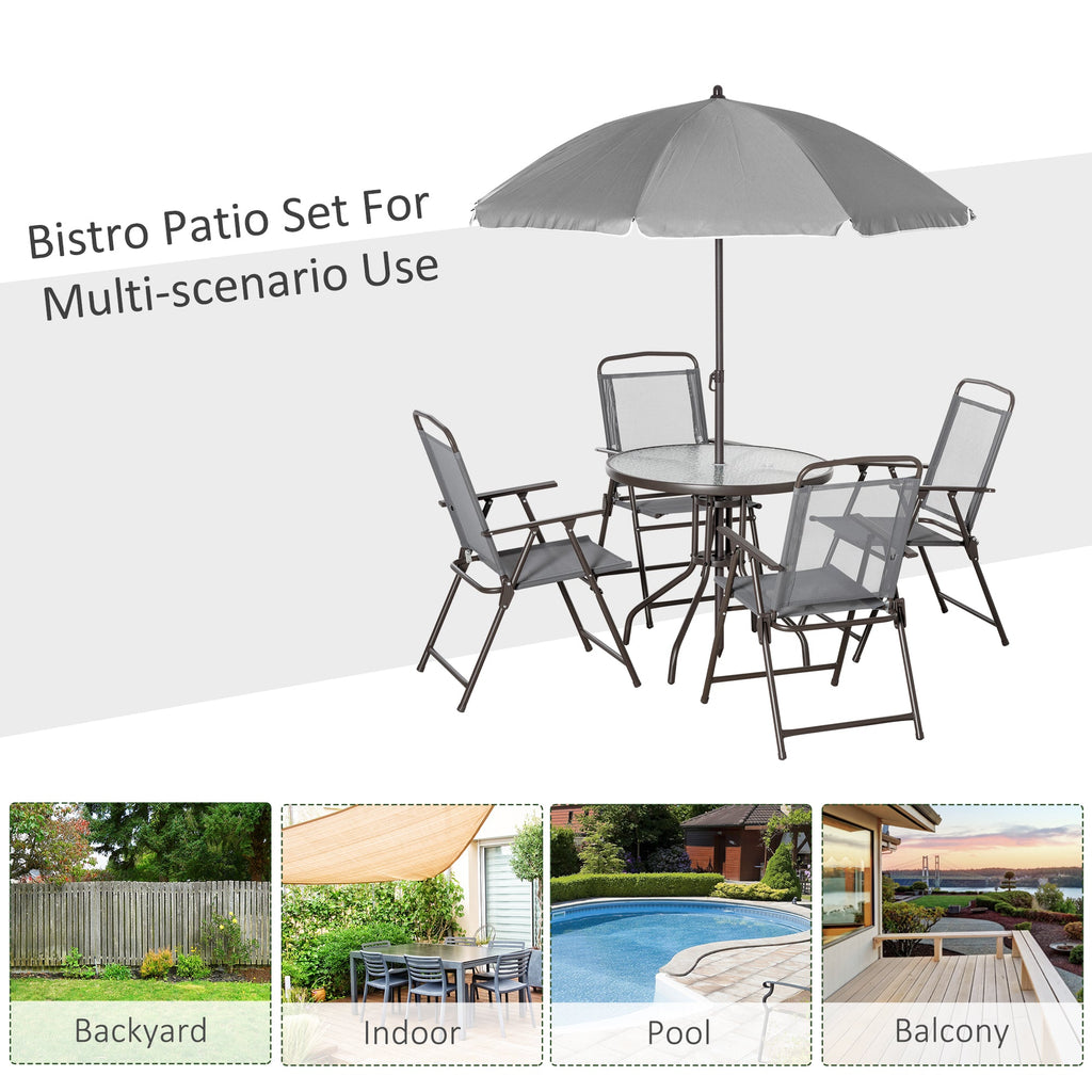 6-Piece Patio Dining Set with 4 Folding Chairs, Round Glass Table & Umbrella, Gray