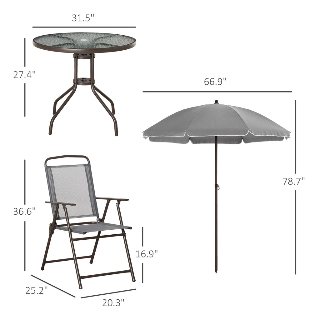6-Piece Patio Dining Set with 4 Folding Chairs, Round Glass Table & Umbrella, Gray