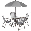 6-Piece Patio Dining Set with 4 Folding Chairs, Round Glass Table & Umbrella, Gray