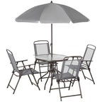 6-Piece Patio Dining Set with 4 Folding Chairs, Round Glass Table & Umbrella, Gray