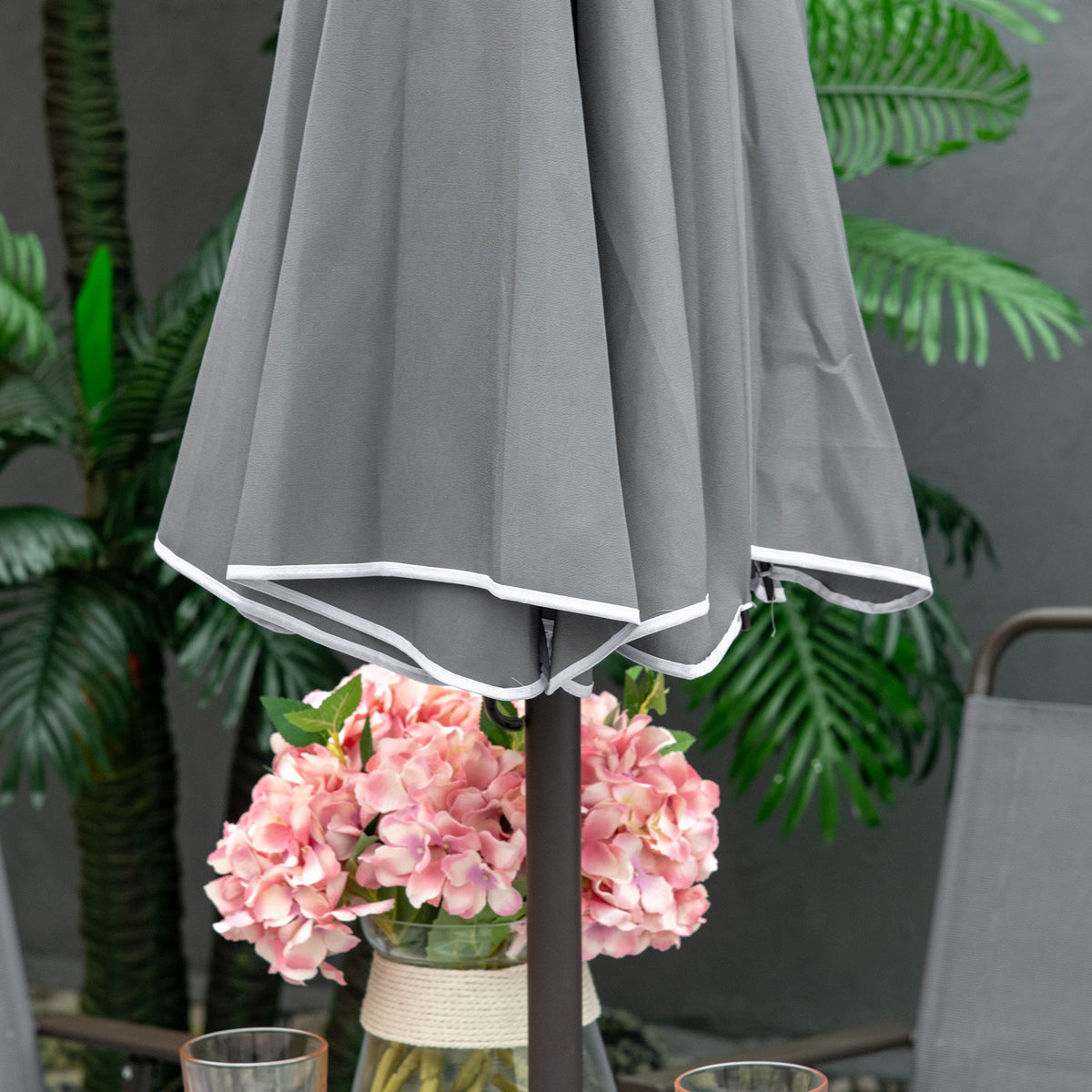 6-Piece Patio Dining Set with 4 Folding Chairs, Round Glass Table & Umbrella, Gray