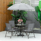 6-Piece Patio Dining Set with 4 Folding Chairs, Round Glass Table & Umbrella, Gray