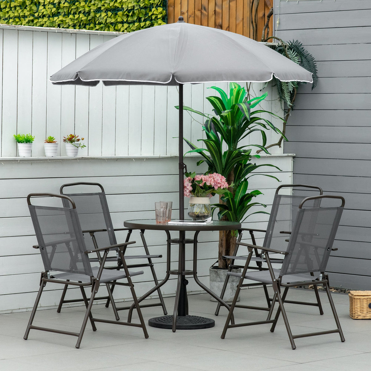 6-Piece Patio Dining Set with 4 Folding Chairs, Round Glass Table & Umbrella, Gray