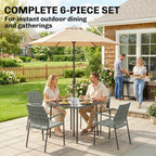 Outsunny 4 Seater Rattan Dining Set with Parasol, 6 Piece Garden Table and Stackable Chairs with Tempered Glass Tabletop