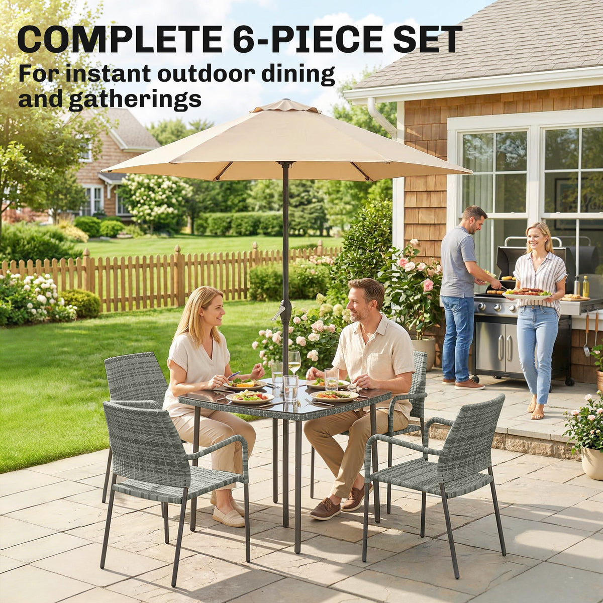 Outsunny 4 Seater Rattan Dining Set with Parasol, 6 Piece Garden Table and Stackable Chairs with Tempered Glass Tabletop