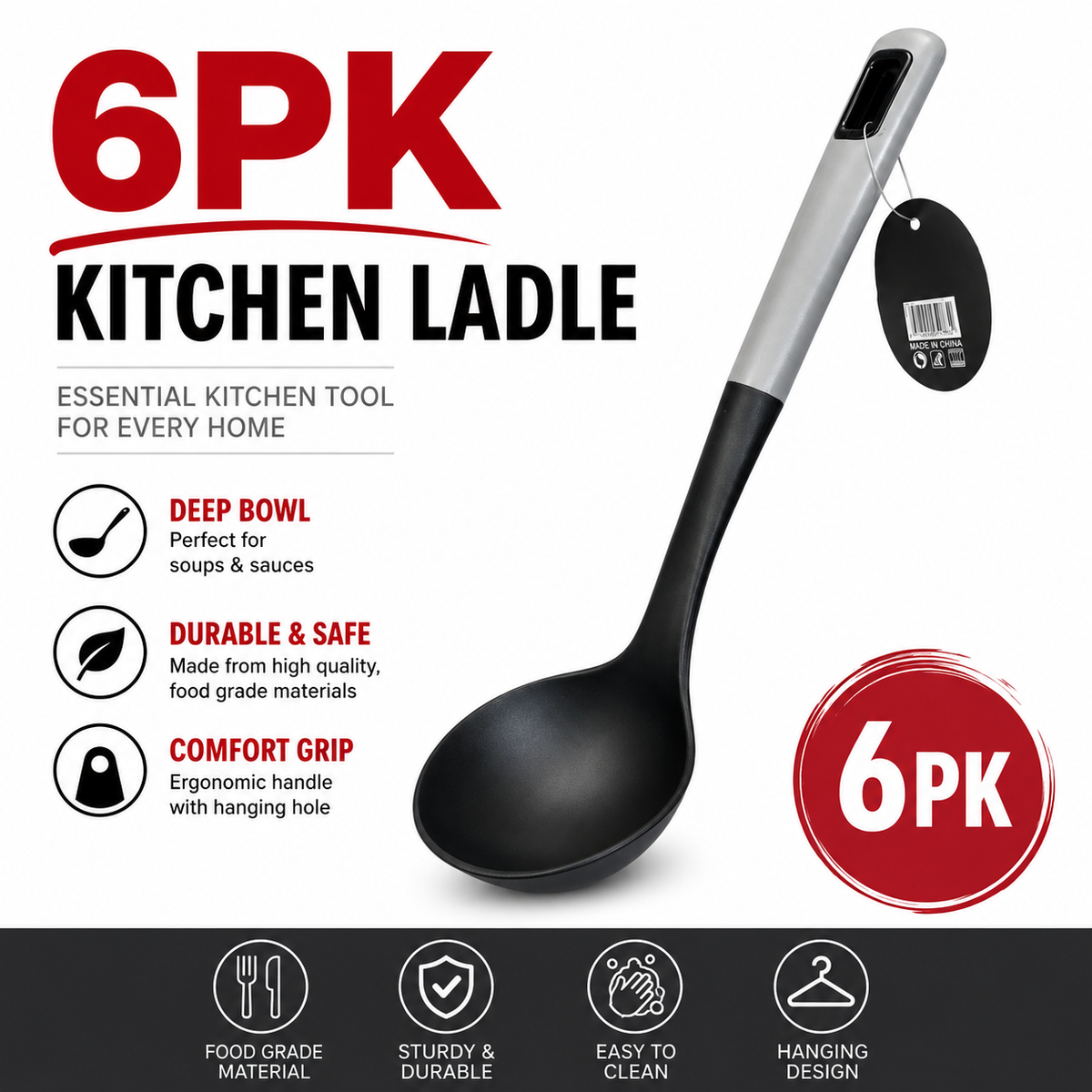 6PK Nylon Kitchen Ladle Large Soup Spoon Deep Serving Cooking Utensils Black