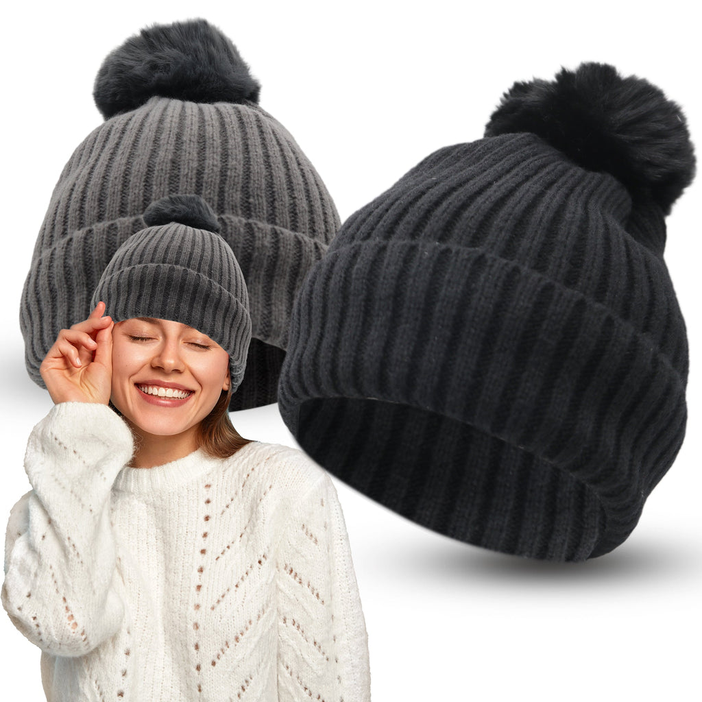 Women's Thermal Bobble Hat | Knitted Beanie with Faux Fur Pom Pom | Winter Warm Outdoor Wear | 2 Pack