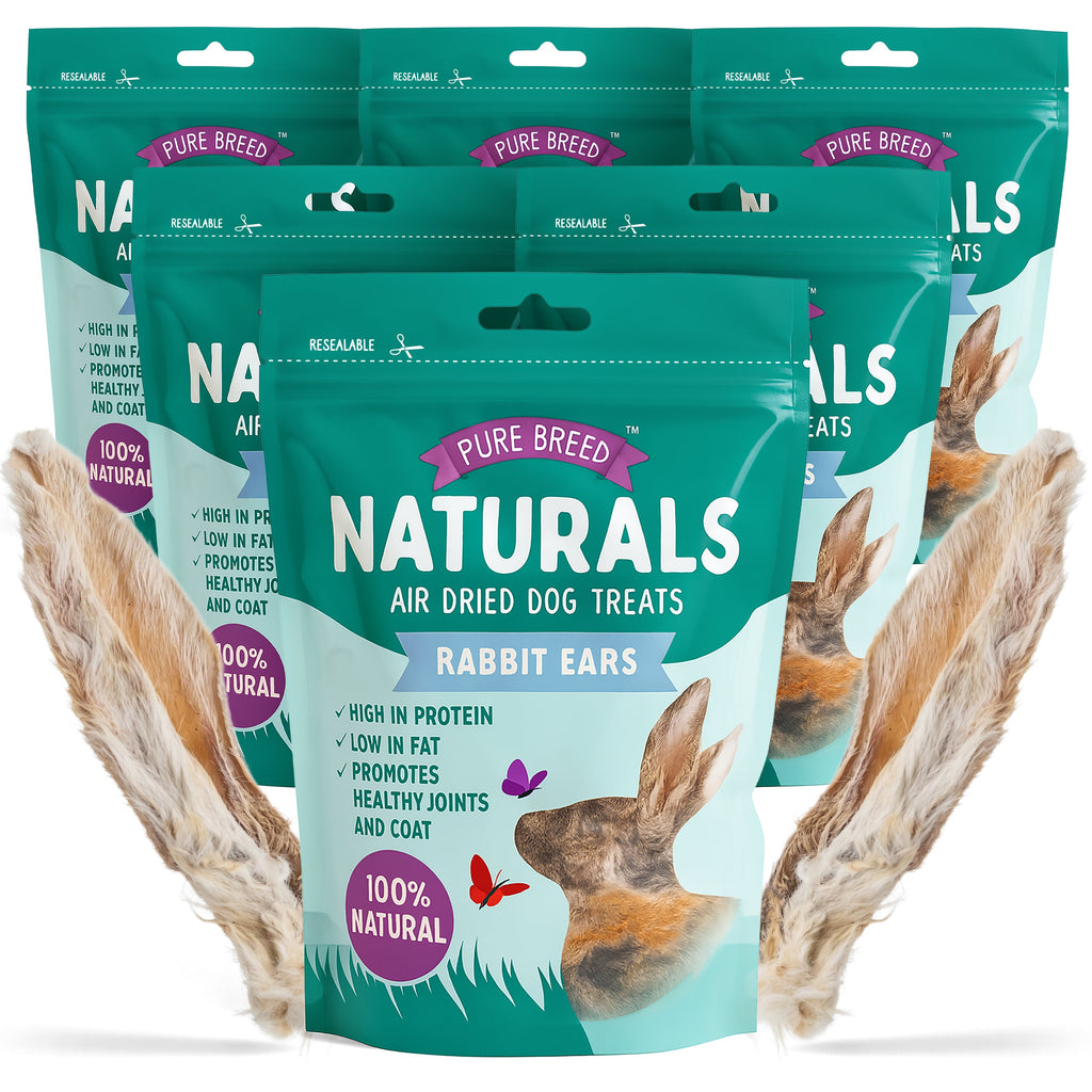 Pure Breed Rabbit Ears with Fur for Dogs – 300g (6 × 50g Bags) 100% Natural Air-Dried Chews Long-Lasting Snacks Grain-Free Single Ingredient Low Calories Rabbits Ears with Fur For Dogs Happy Pooch
