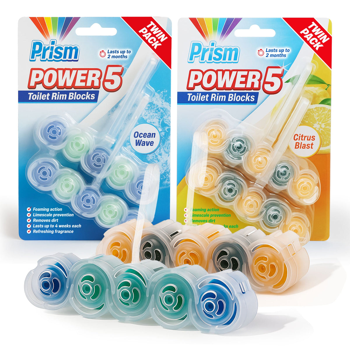 4pk Toilet Rim Blocks Multipack, Lemon & Ocean Fresh Scented Fragrance Cleaner with Foaming Action Limescale Prevention, Lasting Freshness in Every Flush, Daily Bathroom Odour Deodoriser 180g(45gx4)