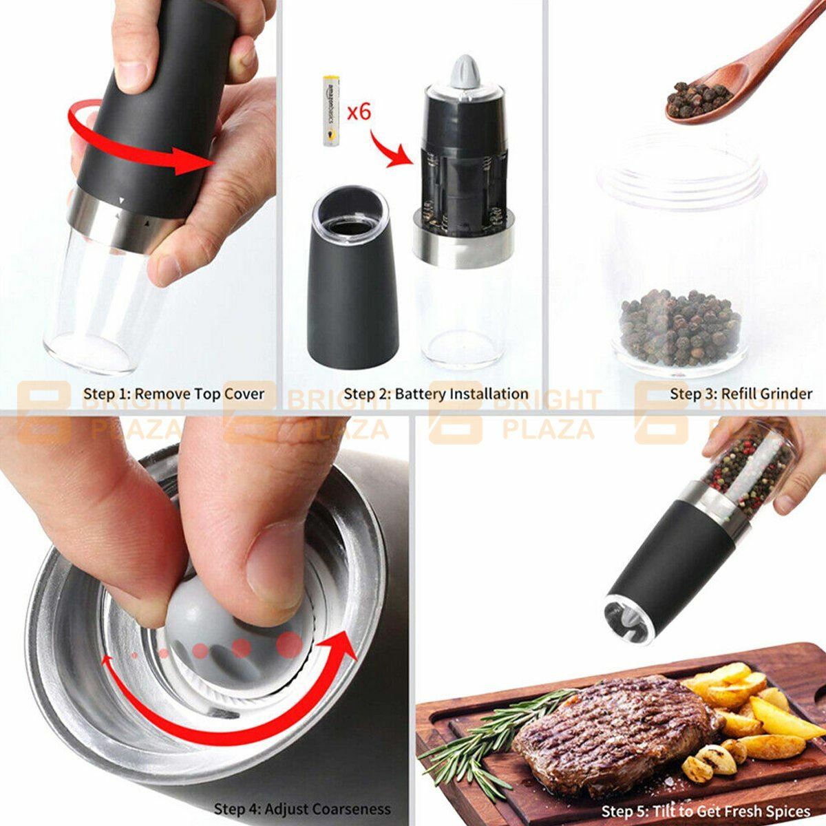 Electric Salt Pepper Grinder Mill Shakers Stainless Steel LED Light Battery Auto