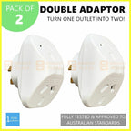2 x Power Double Adaptor Triangular 2 Socket White Outlet Splitter Twin Pack