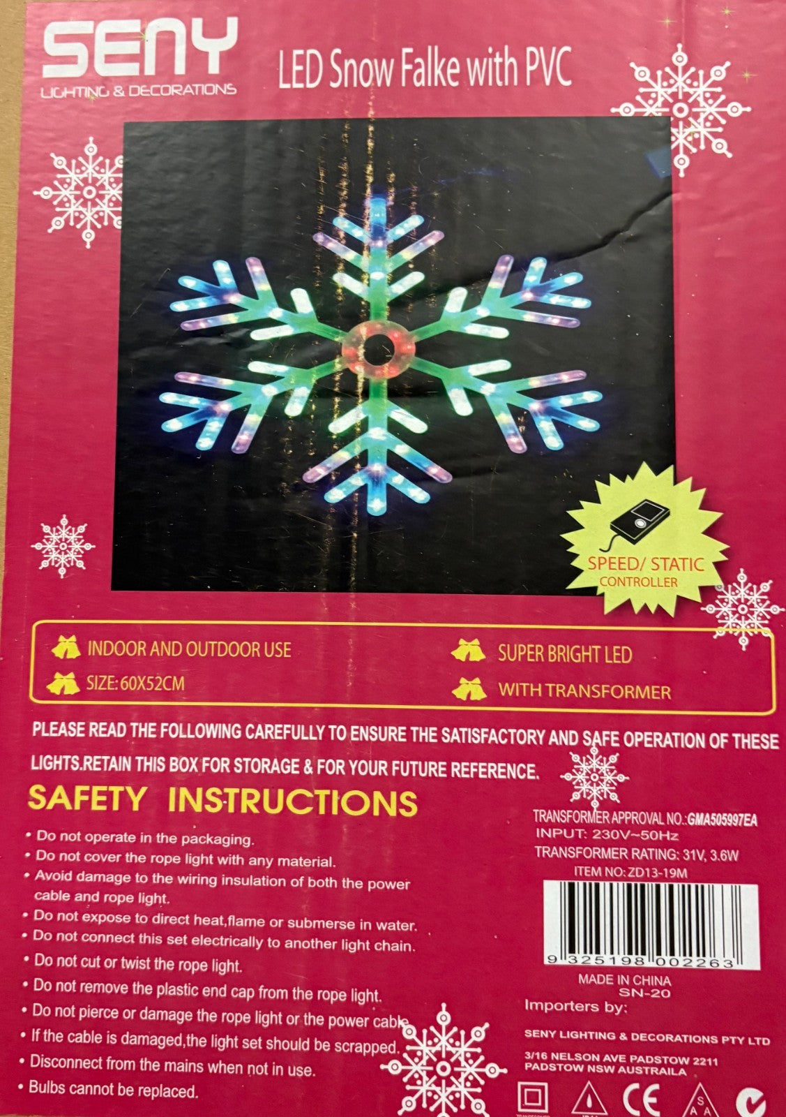 LED Snowflake Light 60x52cm Multicolour PVC Christmas Decoration Indoor Outdoor