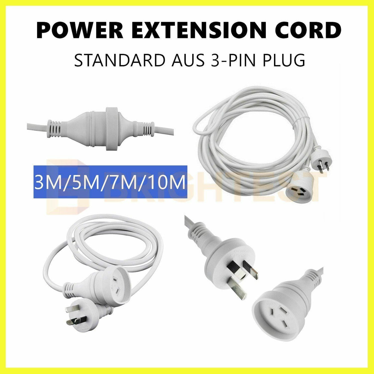 3M/5M/7M/10M Mains Power Extension Cord Lead Aus 3-Pin Plug 240V White Cable