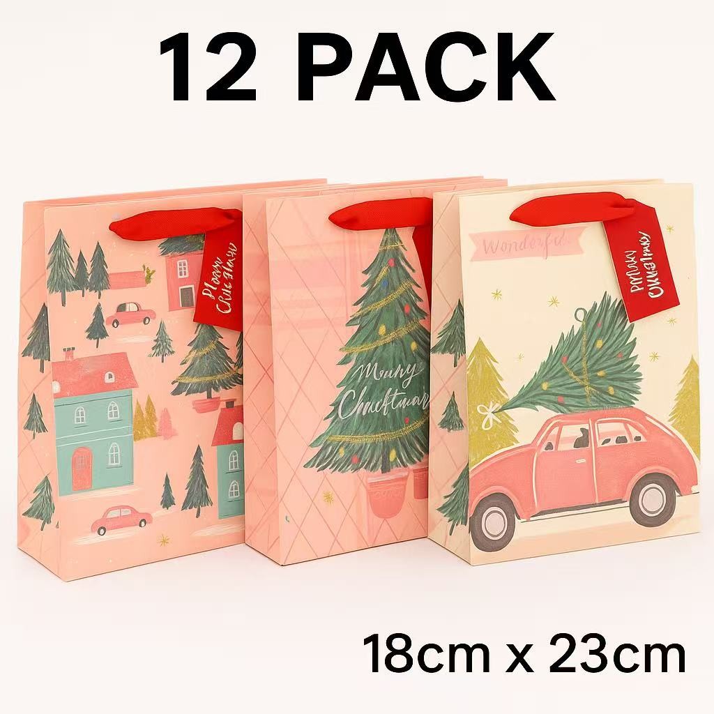 12x Christmas Gift Bags 18x23cm Assorted Designs Xmas Present Bags Gift Bag Set