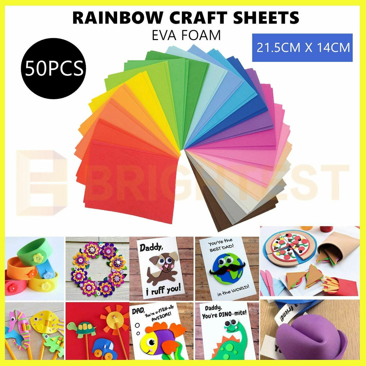 50pk Rainbow EVA Foam Craft Sheets Fun Paper Handmade Art Kids Assorted Colours