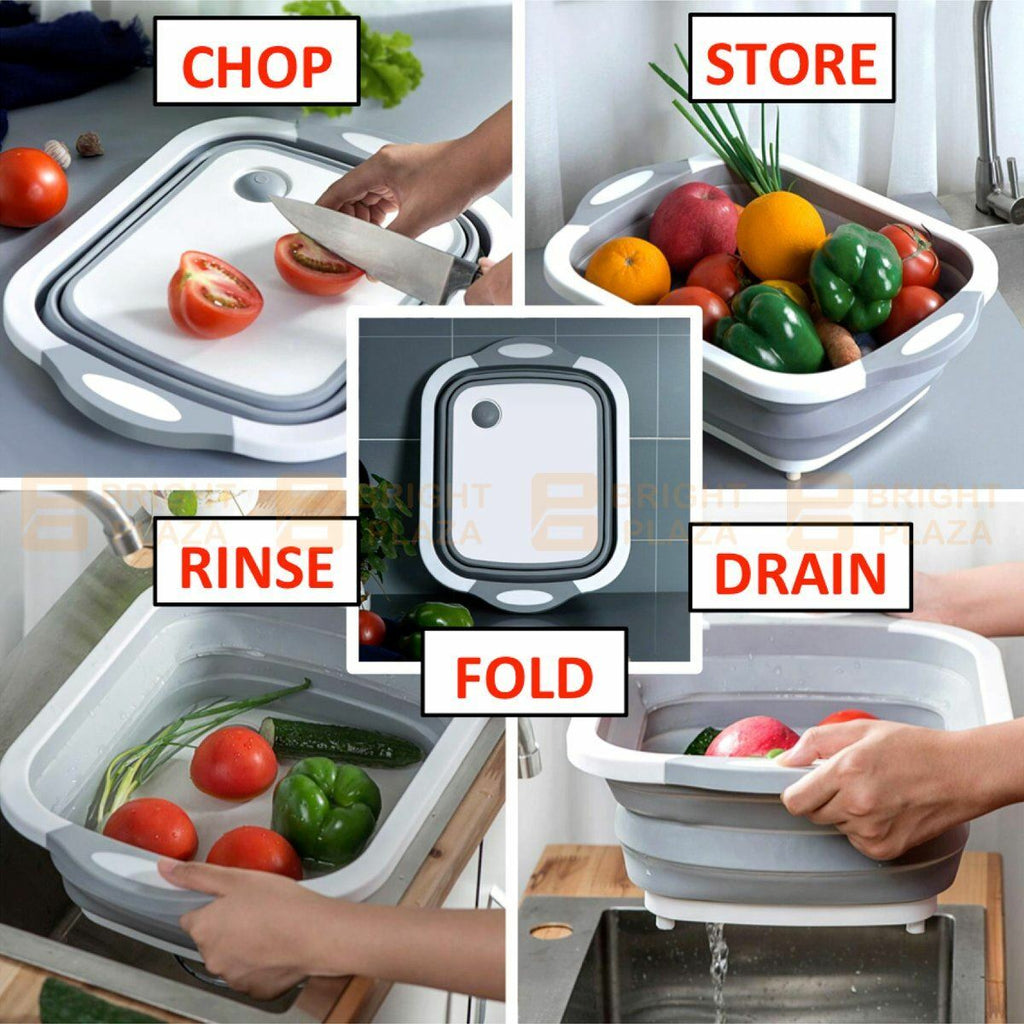 Foldable Kitchen Chopping Board Storage Basket Colander Wash Basin Portable 2in1