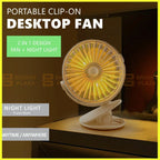 Portable Clip On Small Desk Fan Cooler Cooling USB Rechargeable Desktop Light