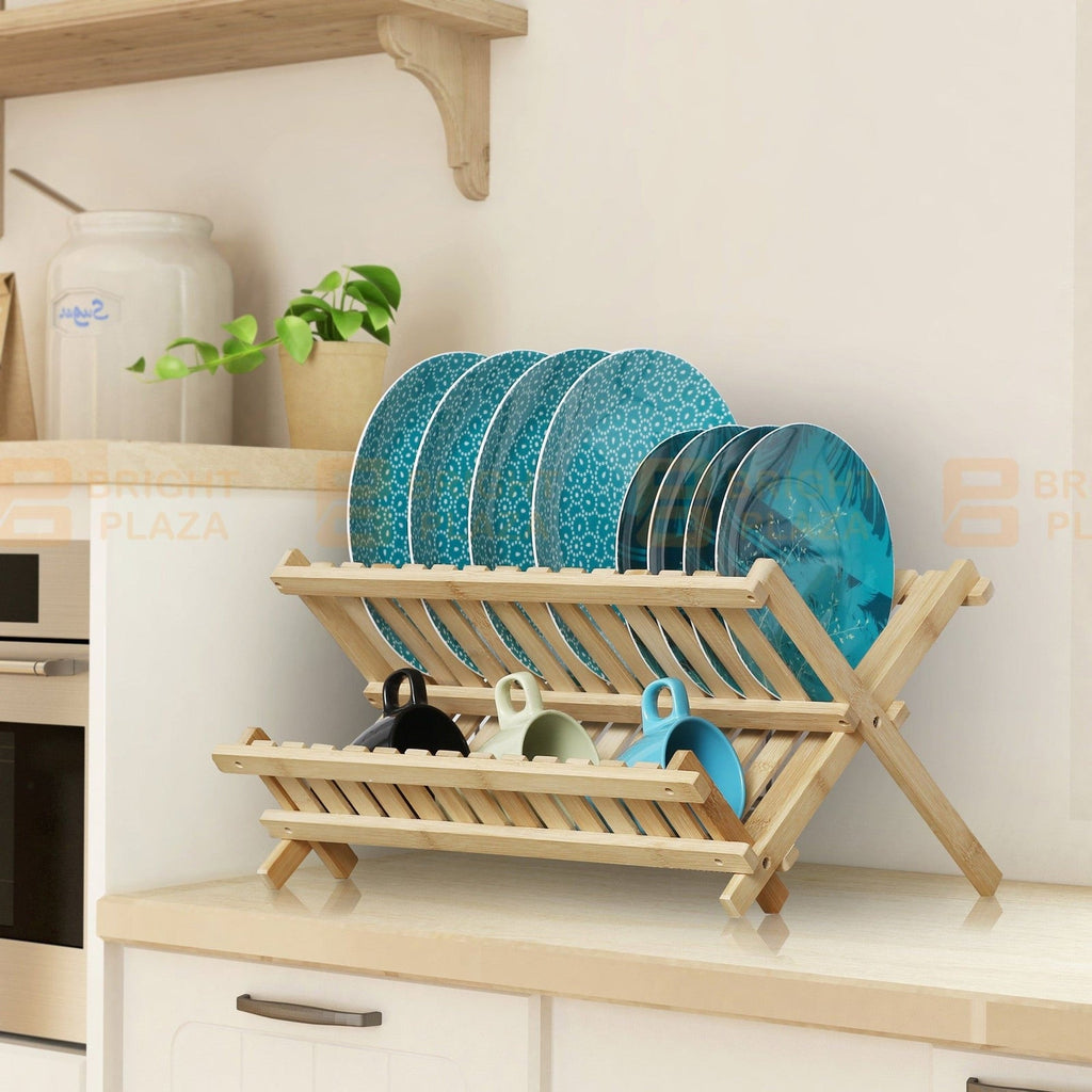 Foldable Natural Wooden Dish Drying Rack Drainer Plate Cup Holder Utensil Tray
