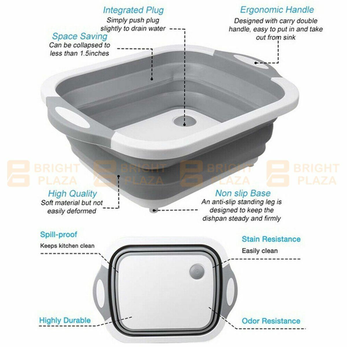 Foldable Kitchen Chopping Board Storage Basket Colander Wash Basin Portable 2in1