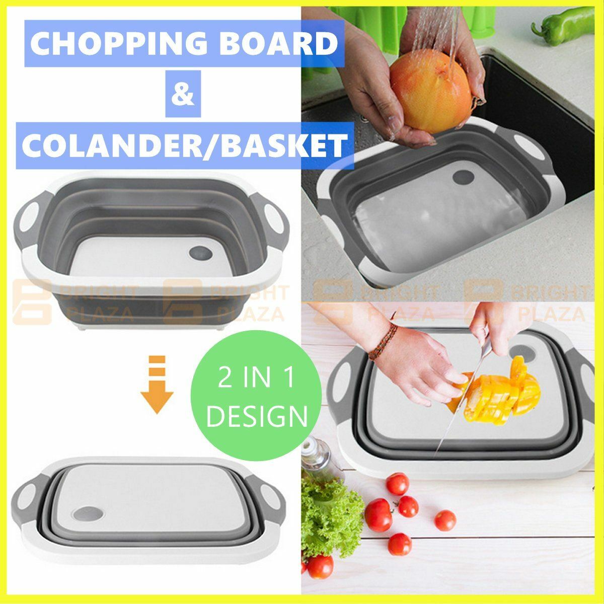 Foldable Kitchen Chopping Board Storage Basket Colander Wash Basin Portable 2in1