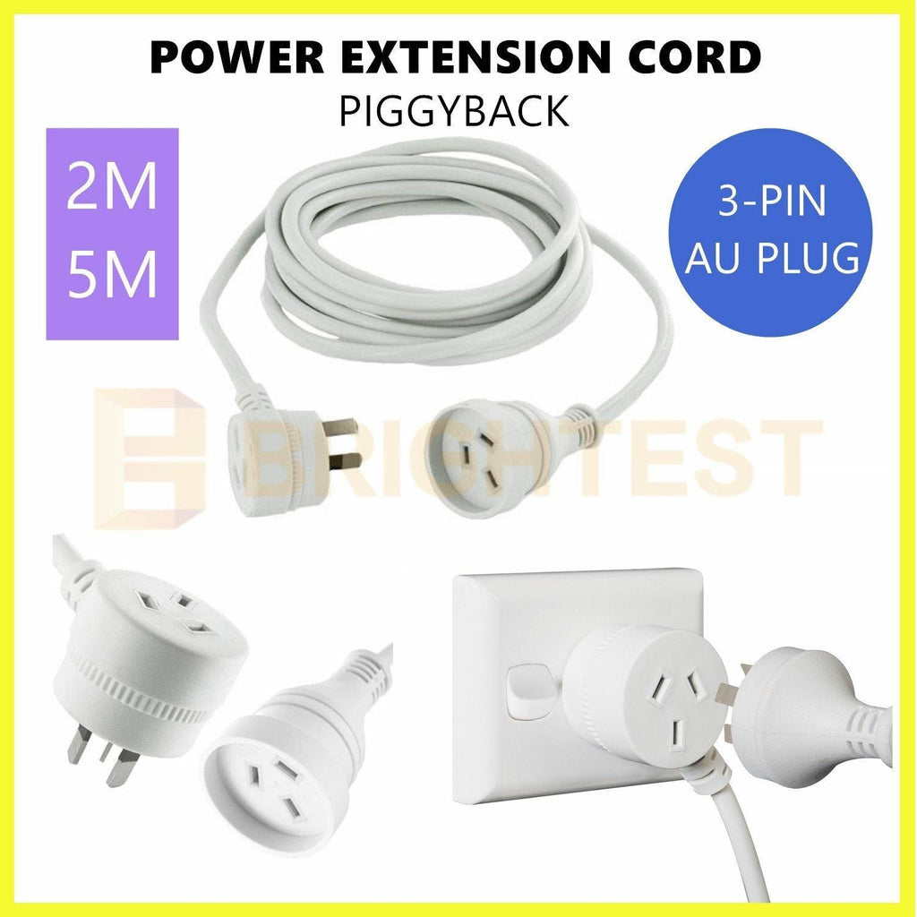 2M/5M Piggyback Power Extension Cord Lead Australian 3-Pin Plug 240V White Cable