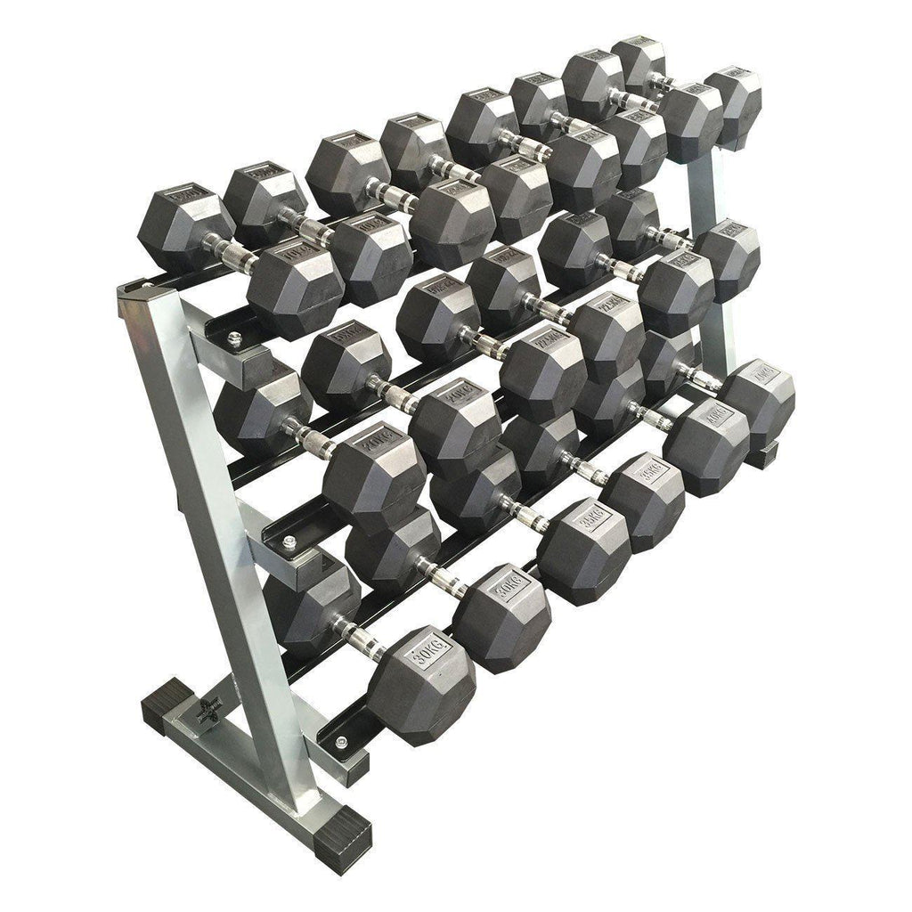 Muscle Motion Rubber Hex Dumbbell Set 10kg–40kg (10 Pairs) with 3-Tier Rack