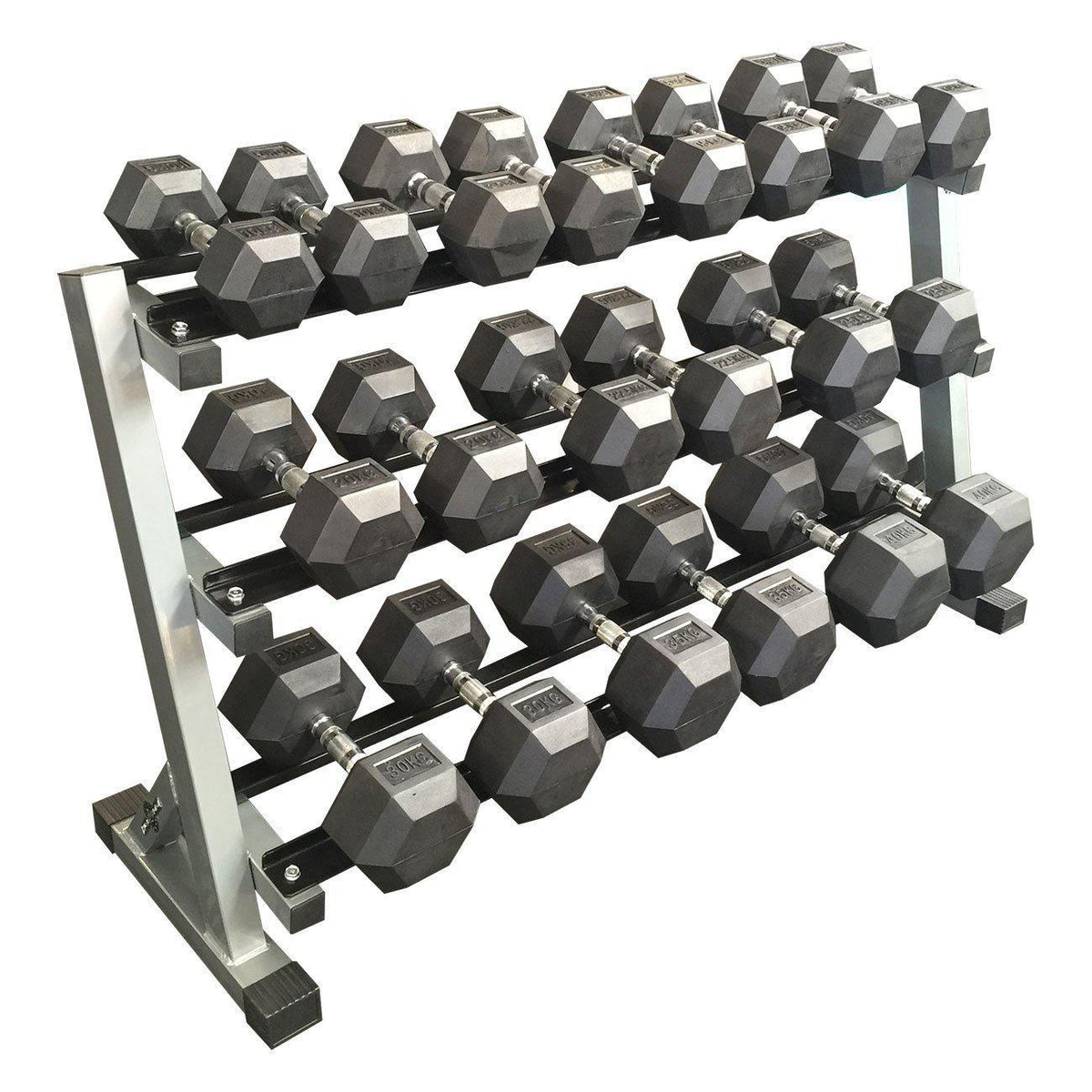 Muscle Motion Rubber Hex Dumbbell Set 10kg–40kg (10 Pairs) with 3-Tier Rack