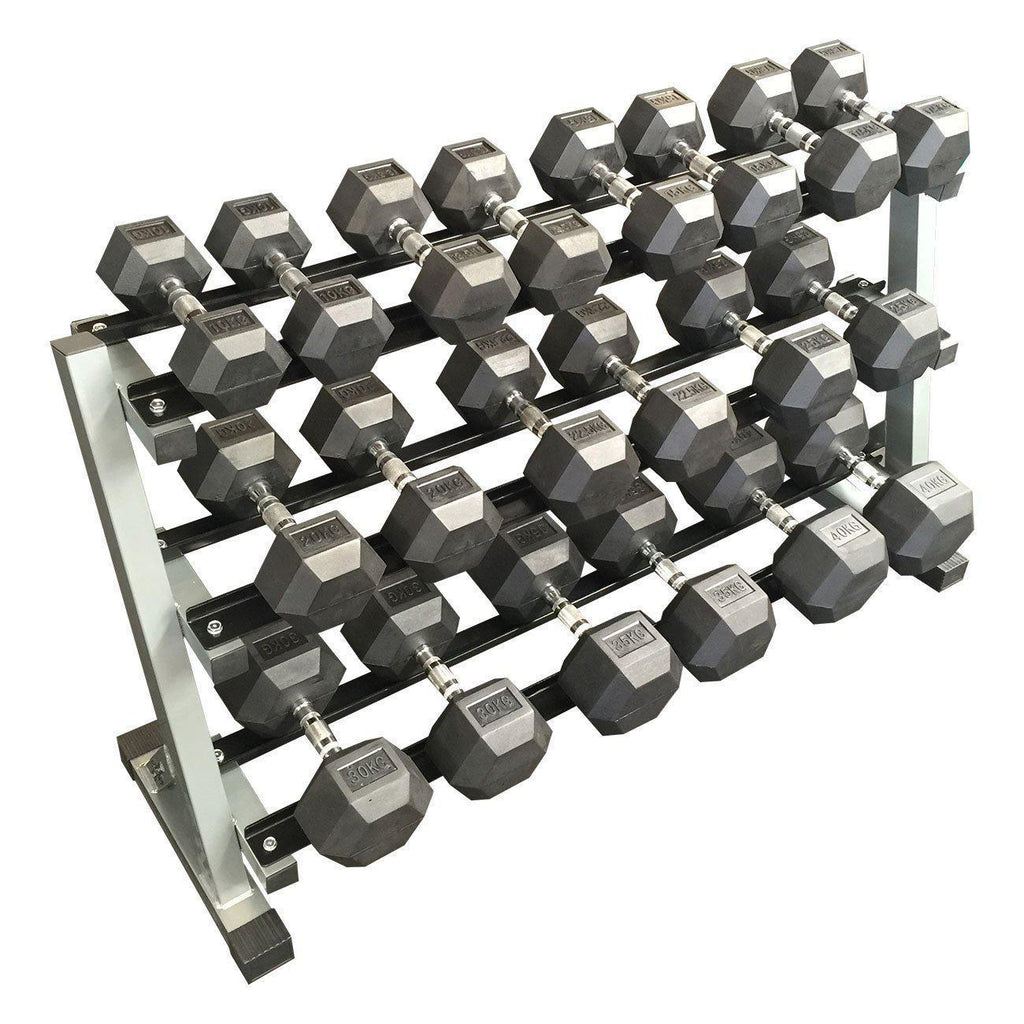 Muscle Motion Rubber Hex Dumbbell Set 10kg–40kg (10 Pairs) with 3-Tier Rack