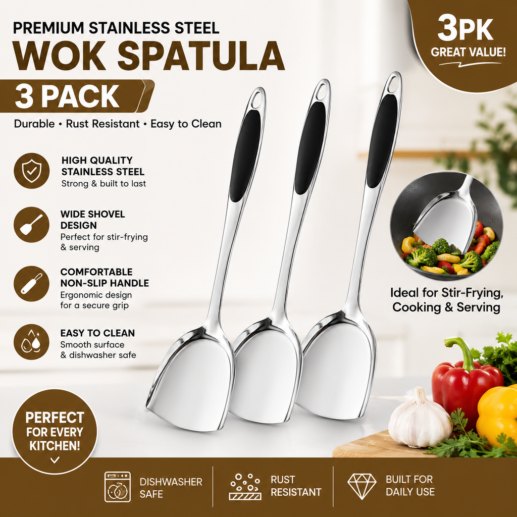 3 Pack Stainless Steel Wok Spatula Turner Non-Slip Handle Kitchen Cooking Tool
